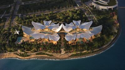 擬建 Therme Singapore 的俯視圖，佈局與周圍景觀示意圖。圖片由 Therme Singapore 與 DP Architects 提供