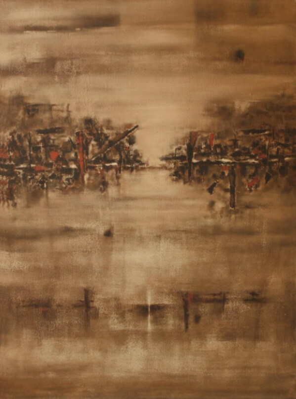 V. S. Gaitonde’s rare abstract masterpiece invites a state of profound meditation, where layered surfaces and silent tonal shifts transcend visual art to become an experience of pure inner stillness.