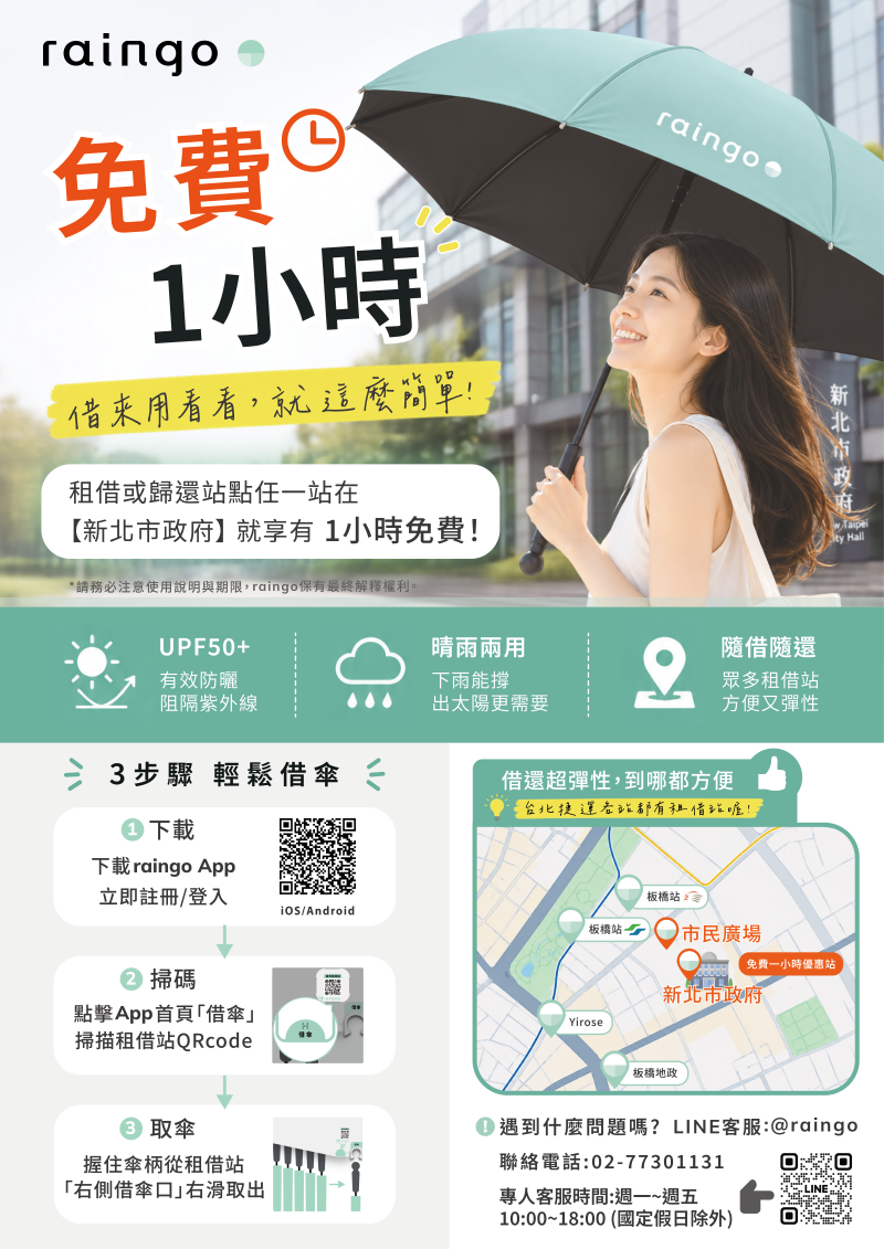 《圖說》共享傘進駐新北市府,即日起啟動共享傘試辦服務。〈青年局提供〉